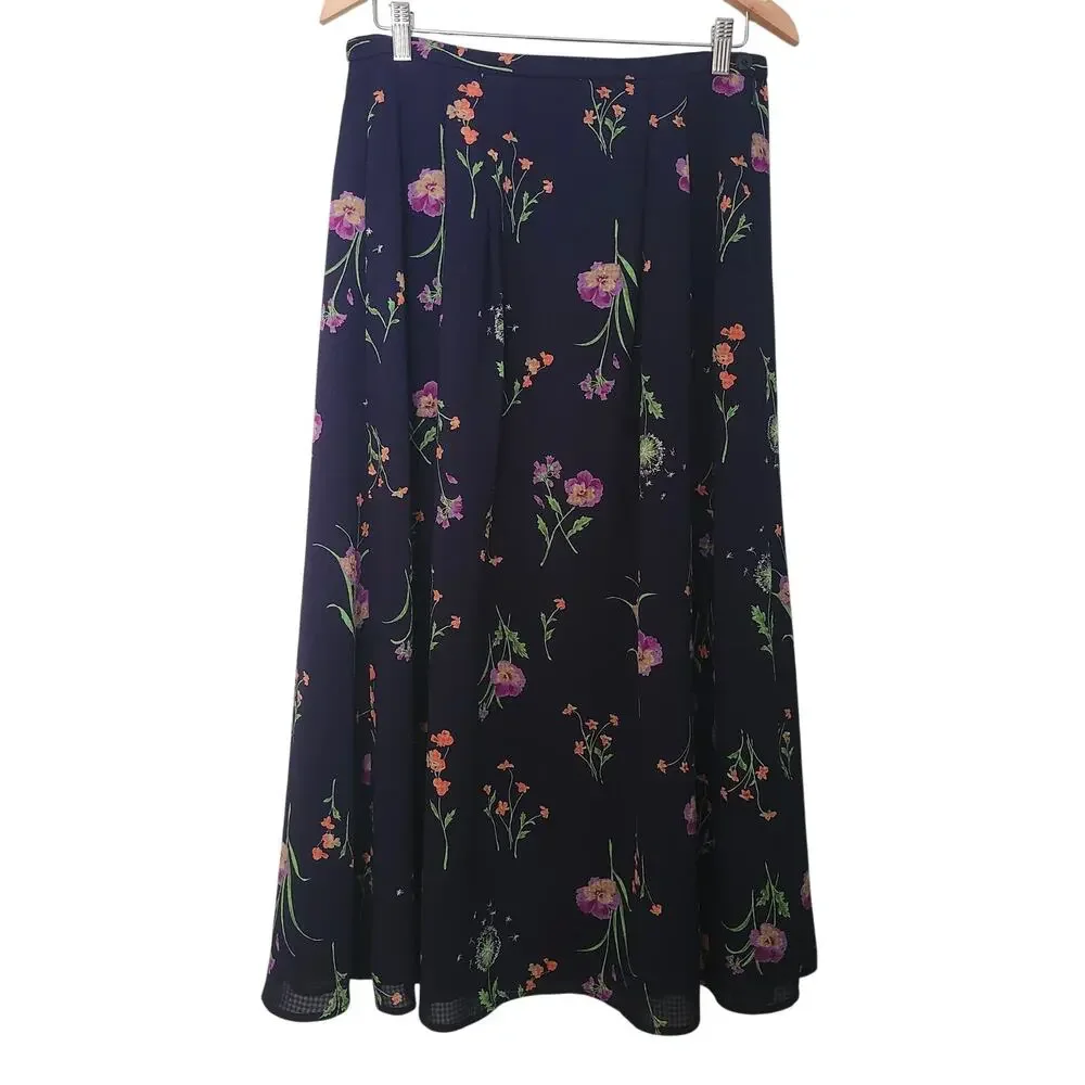 Talbots Textured Navy with Floral Print Cottage Core Maxi Skirt Size 6
